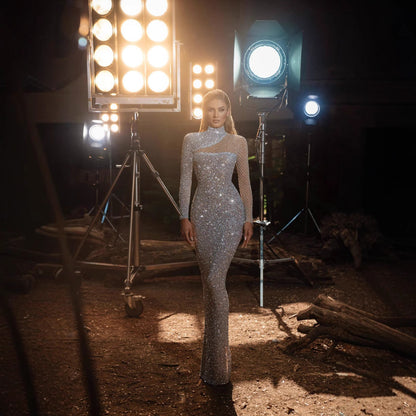 FLOWERSVERSE 2025 New new  2025 hollow off-the-shoulder dress round neck slim temperament S-shaped sequin dress