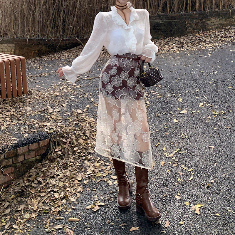 2025 Contrasting color splicing skirt women's mesh embroidery high-end  new  gentle style design skirt