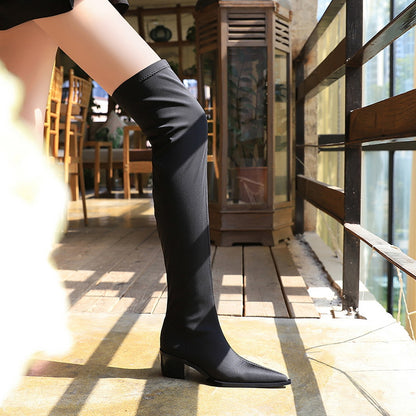 FLOWERSVERSE 2025 009-21  style simple thick heel high heel pointed elastic lycra sexy and thin pedicure thin legs over the knee boots