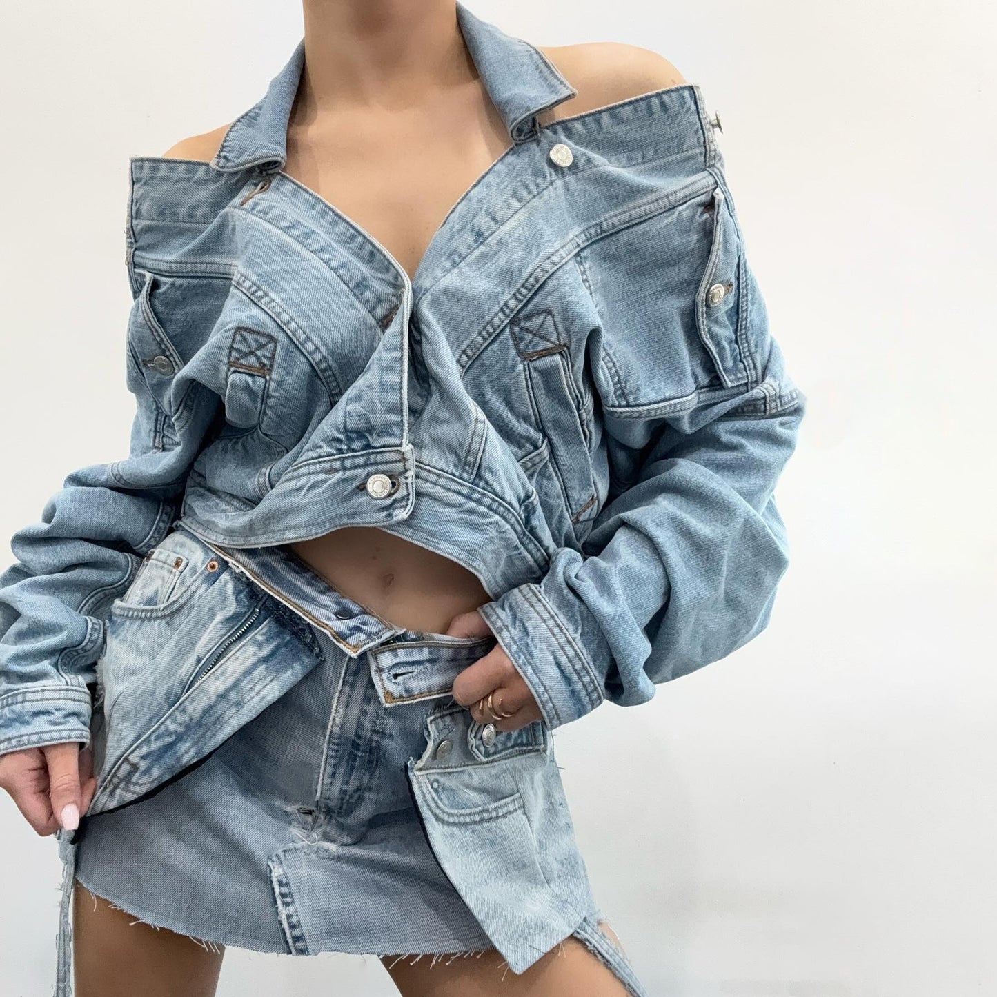 design sense niche street style hot girl hanging neck open button loose top irregular short skirt denim suit women