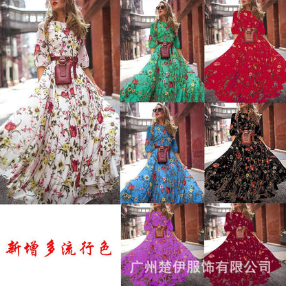 FLOWERSVERSE Cross-border new 2025 women's clothing print , bohemian vacation style print big pendulum dress