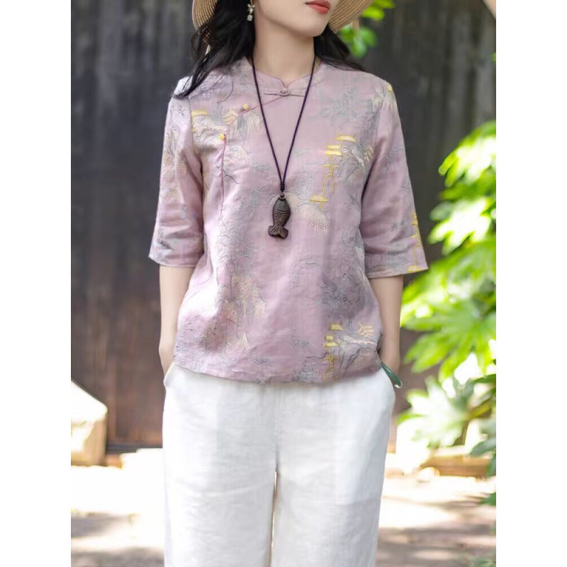 Literary and elegant ramie embroidered new Chinese shirt women's summer niche design stand-up collar diagonal placket middle-sleeved top