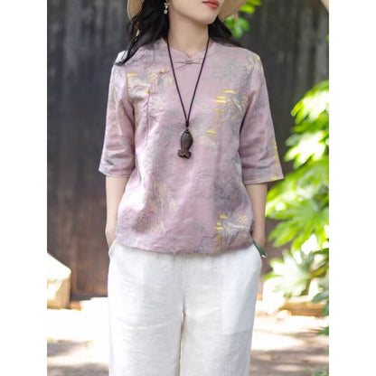 Literary and elegant ramie embroidered new Chinese shirt women's summer niche design stand-up collar diagonal placket middle-sleeved top