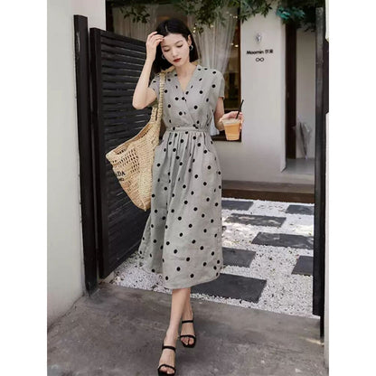 summer new art retro lightness medium and long V-neck lace-up waist polka dot cotton and linen dress, women