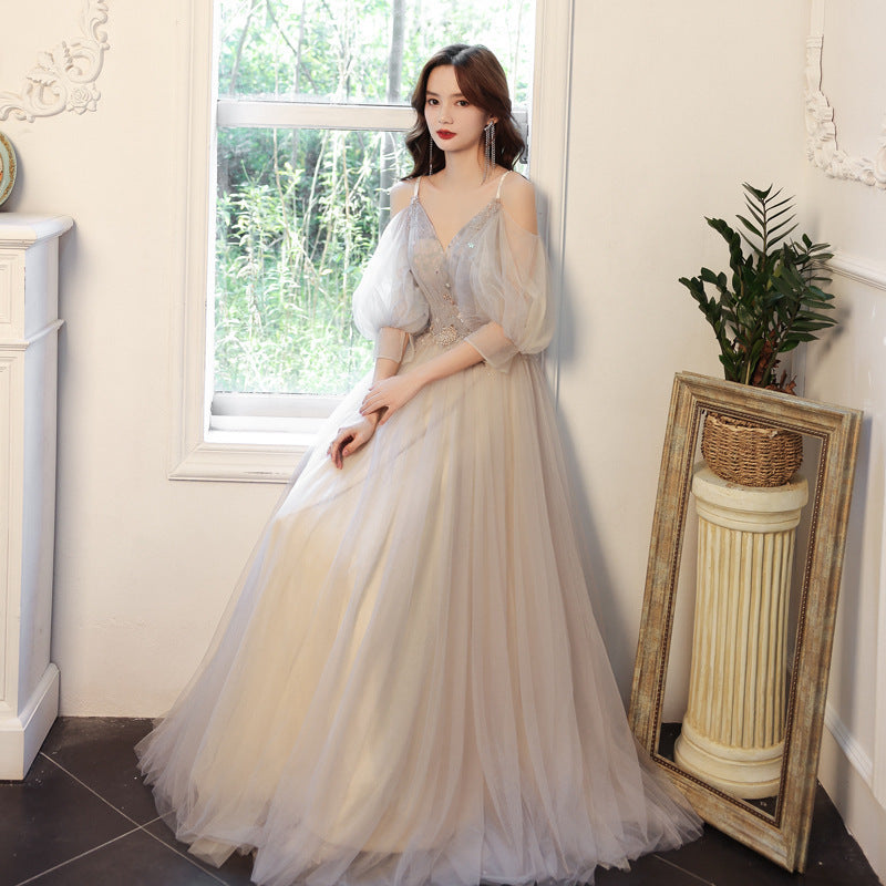 Banquet evening dress women's 2025 new temperament host dress fairy long sleeve vocal art test long dress