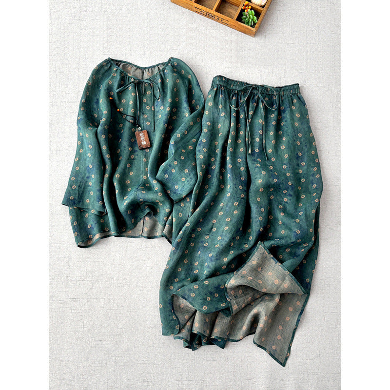 Literary and retro printed shirt skirt set  spring comfortable pendulum double-layer A-word long skirt two-piece set