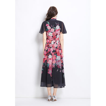 women's clothing holiday style dress women's  pearl breasted waist thin temperament printed chiffon dress