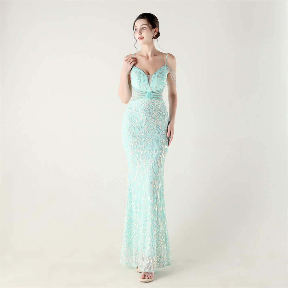 33396 # new heavy industry beaded mid-waist beaded fishtail evening dress, red carpet wedding banquet dress