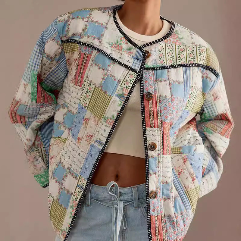 2025 autumn and winter European and American cross-border fashion patch single-breasted women's jacket round neck printed cotton clothing WQK0386