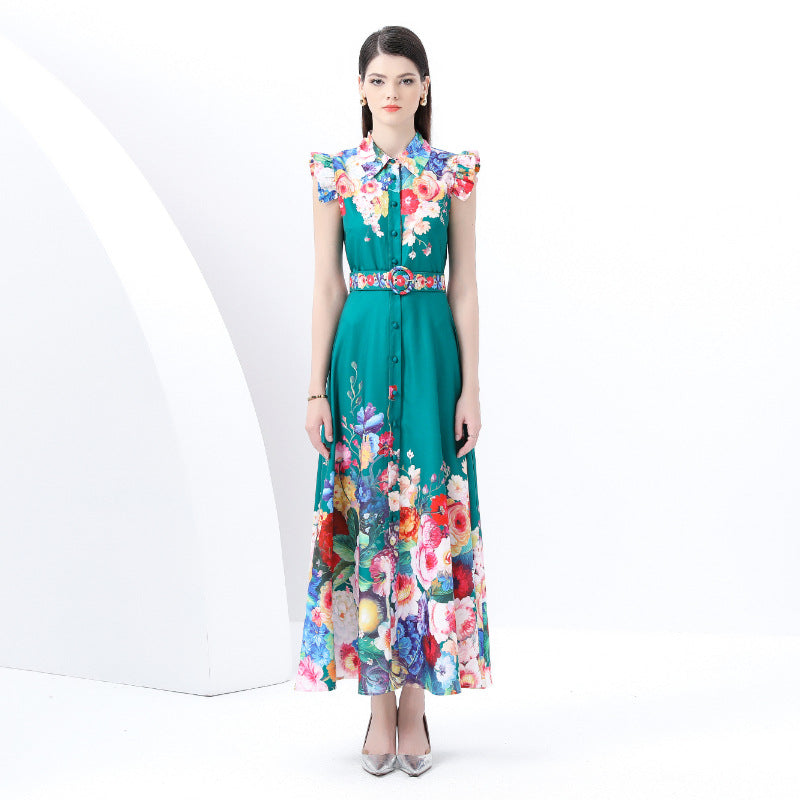 Early Spring - Court Lapel Sleeveless Waist Wide Skirt Printed Long Dress