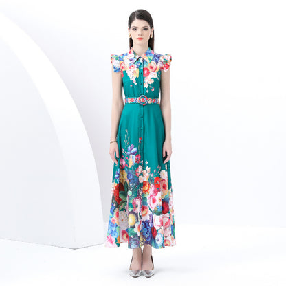 Early Spring - Court Lapel Sleeveless Waist Wide Skirt Printed Long Dress