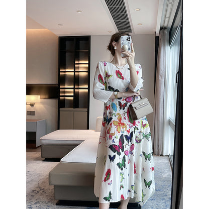 Miyake  autumn new  printing slim pleated dress light luxury elegant celebrity temperament long dress