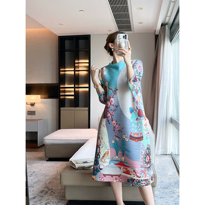 Folds  autumn new retro printing high-end Miyake dress women's loose and thin meat-covered medium and long dress