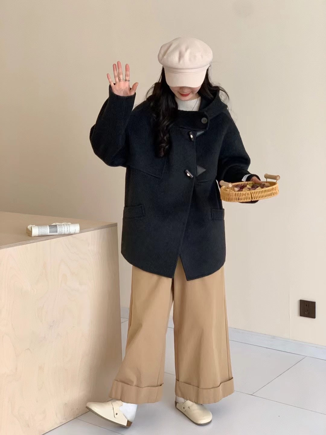 2025 Horn buckle solid color hooded single-breasted multi-buckle medium and long double-sided wool coat woolen jacket women's warm autumn and winter