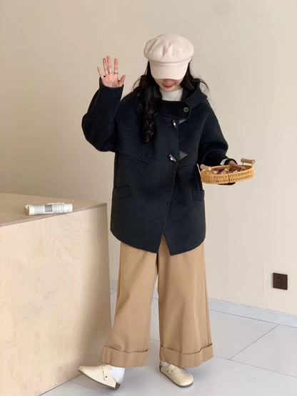 2025 Horn buckle solid color hooded single-breasted multi-buckle medium and long double-sided wool coat woolen jacket women's warm autumn and winter