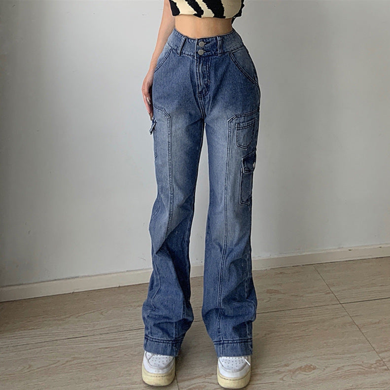 Popular trade New supply, high waist slim fit, two-button tooling, multi-pocket denim trousers for women