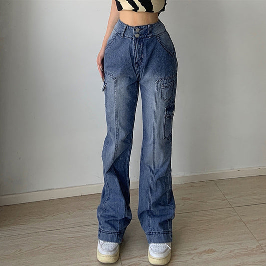 Popular trade New supply, high waist slim fit, two-button tooling, multi-pocket denim trousers for women