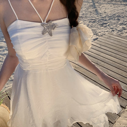 2025 Vacation style  chic pleated suspender skirt girl irregular streamer ruffle edge fairy tutu birthday dress