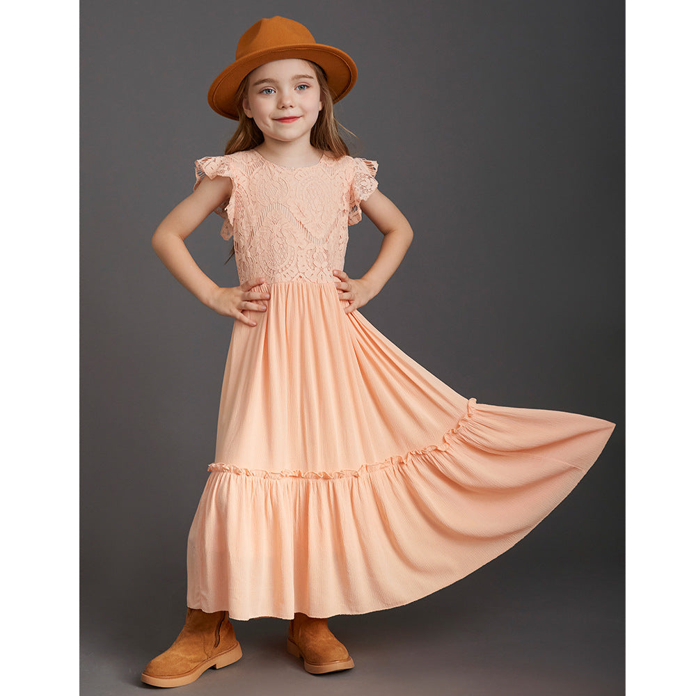 flowersverse New Children's Clothing Girls' Dress Children's Wedding Lace Long Dress Middle and Big Children Host Costume for Piano Performance