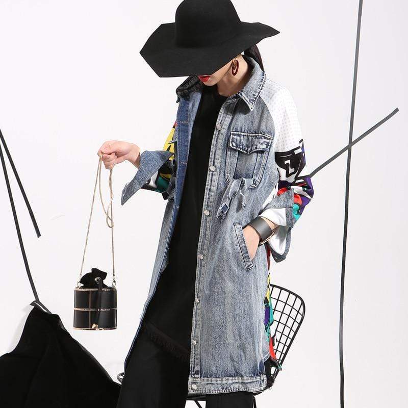 New new women's denim trench coat fashion abstract creative pattern splicing loose washing denim jacket
