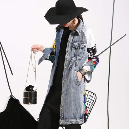 New new women's denim trench coat fashion abstract creative pattern splicing loose washing denim jacket