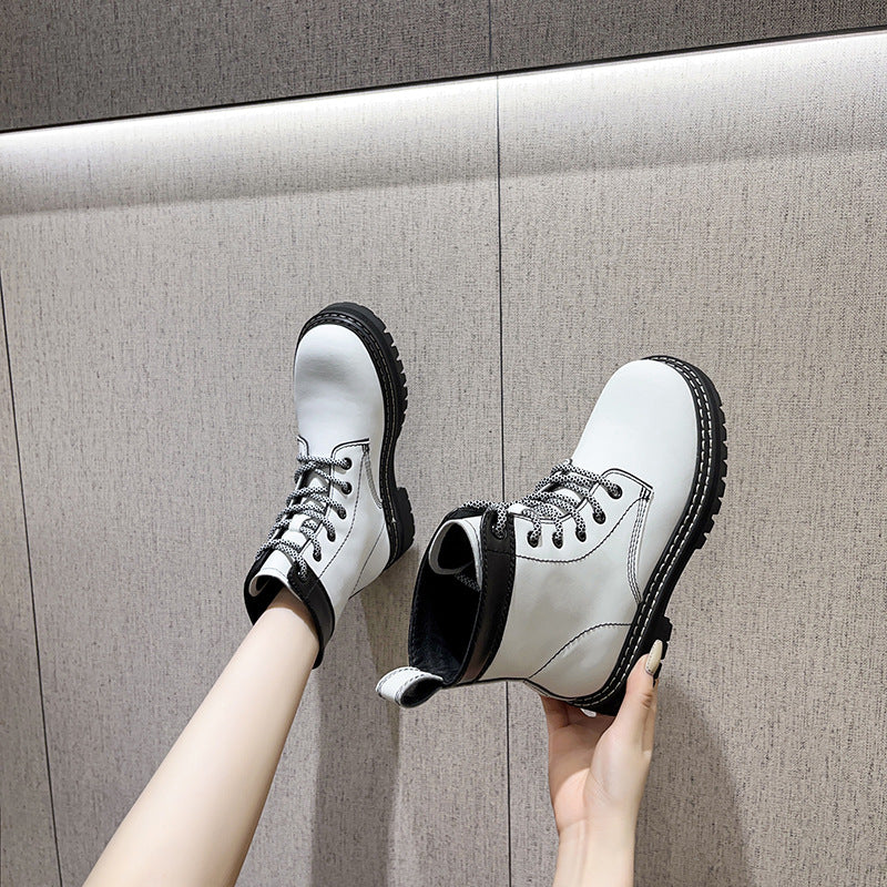 2025 autumn new white lace-up short boots thick-soled round-headed women's boots spring and autumn single boots Martin boots summer thin