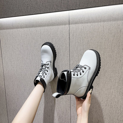2025 autumn new white lace-up short boots thick-soled round-headed women's boots spring and autumn single boots Martin boots summer thin