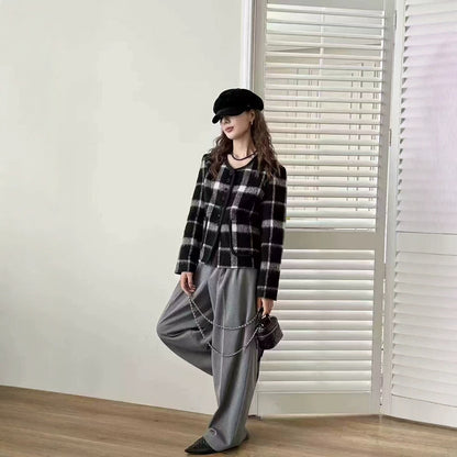 2025 Black and white grid small fragrant style round neck single-breasted front shoulder short double-sided nylon wool coat woolen coat women's 25 spring