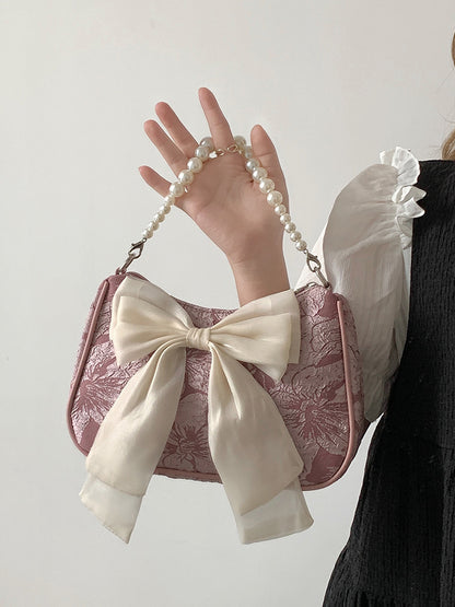 FLOWERSVERSE 2025 Pink girl fresh and sweet pearl handbag bag niche design bow shoulder crossbody women bag bag