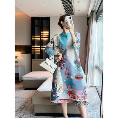 Folds  autumn new retro printing high-end Miyake dress women's loose and thin meat-covered medium and long dress