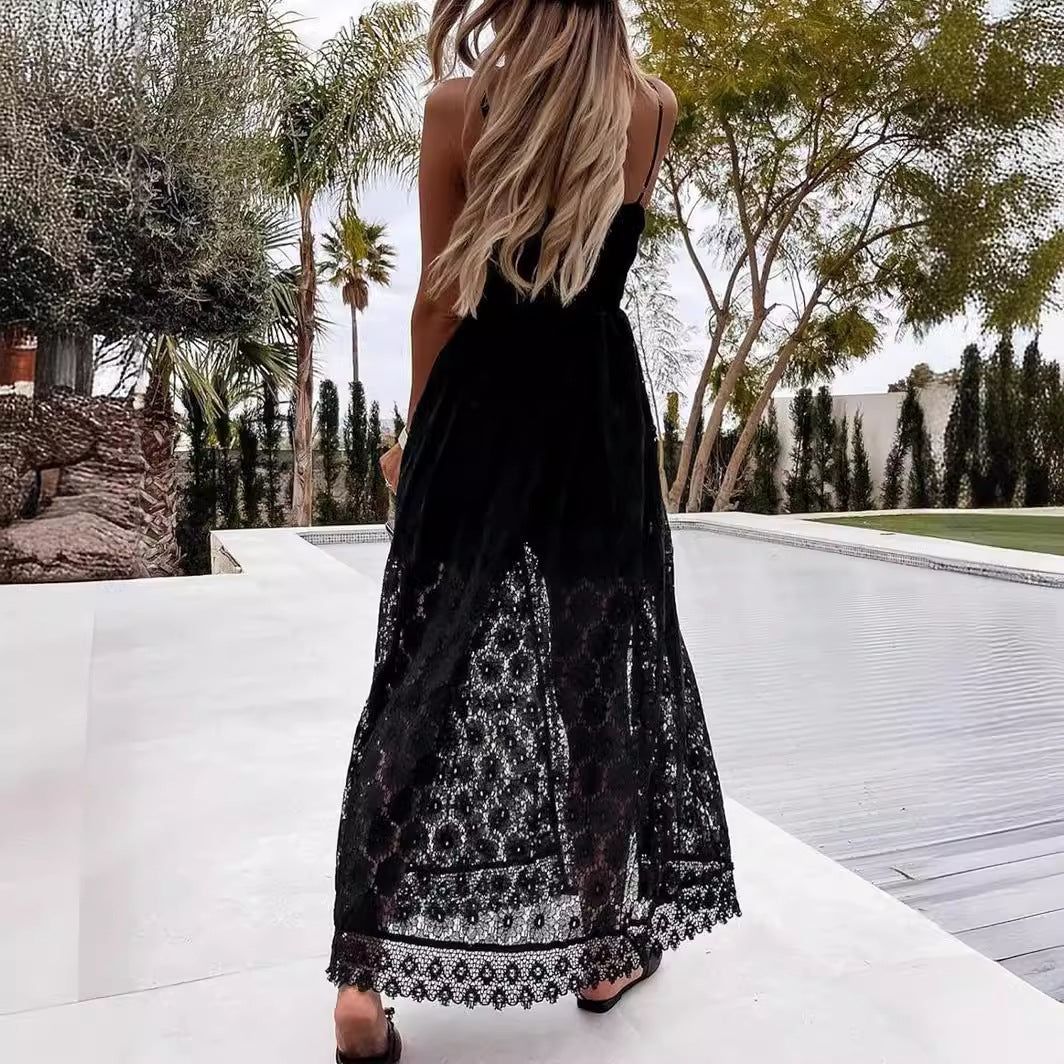 FLOWERSVERSE  Cross-Border European and American Sexy Sling Stitching Casual Jumpsuit Ins Home Vacation Hollow Jumpsuit for Women