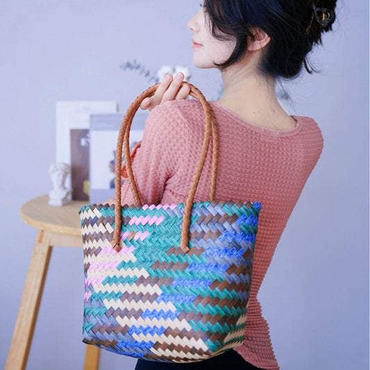 FLOWERSVERSE  24 Spring New Imitation Rattan Straw Bag Everyday Joker Long Shoulder Strap Woven Bag Net Red Travel Vacation Beach Bag