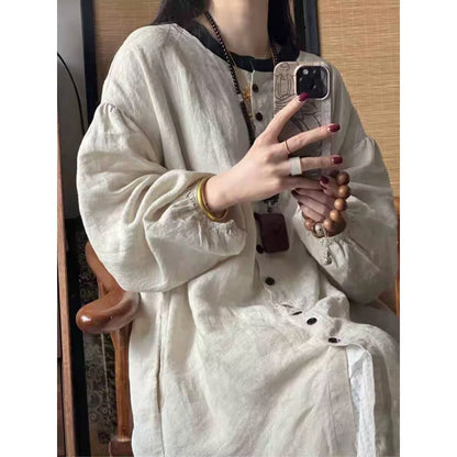 spring and summer new literary and retro loose age reduction casual style medium and long solid color temperament cardigan dress