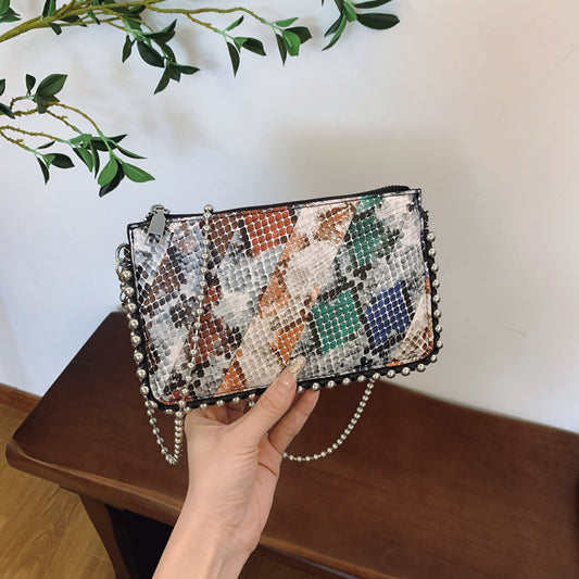 FLOWERSVERSE 2025 Cross-border wind bag women's new snake pattern splicing contrasting color envelope bag 2025 trendy Popular style women's bead chain shoulder bag