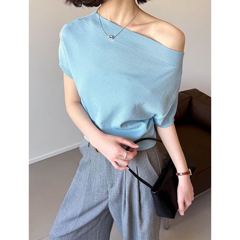 2025  Spring New Korean Loose Lazy Slack One-word Shoulder Slash Shoulder Top Knitted Sweater Women 166