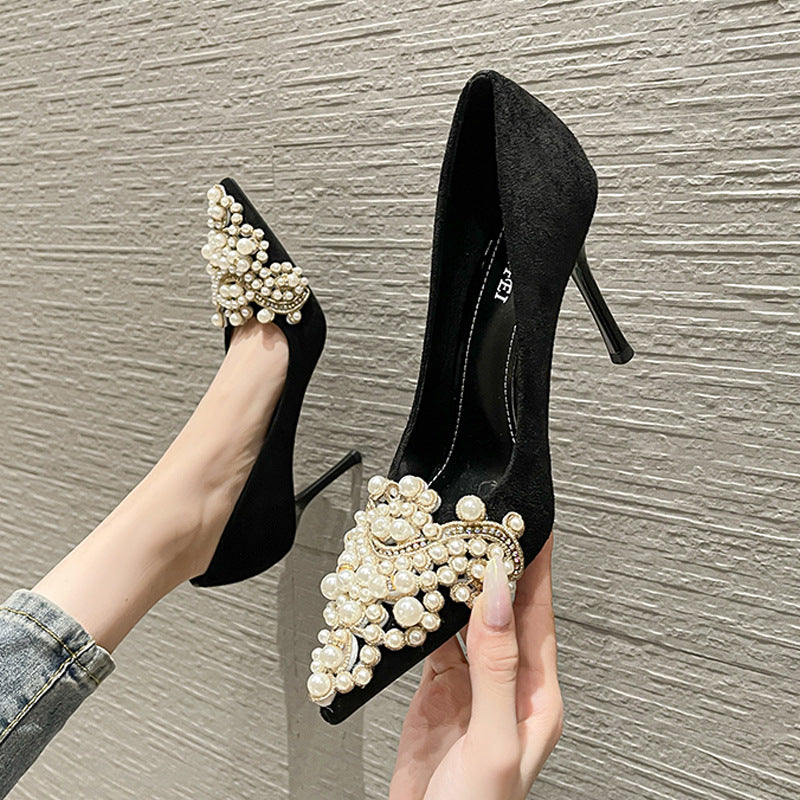 flowersverse  868-13 One Piece Dropshipping Fashionable Ultra-High Stiletto Heel Pearl Buckle Pumps  Winter New 7-9cm High Heels