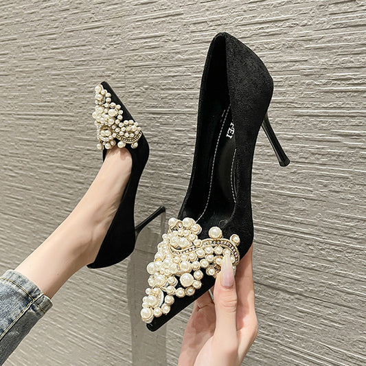 flowersverse  868-13 One Piece Dropshipping Fashionable Ultra-High Stiletto Heel Pearl Buckle Pumps  Winter New 7-9cm High Heels