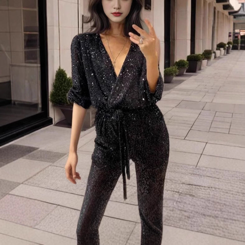 FLOWERSVERSE 2025 women's New express buy 2025 new solid color fashion V-neck long-sleeved shiny bead waist jumpsuit