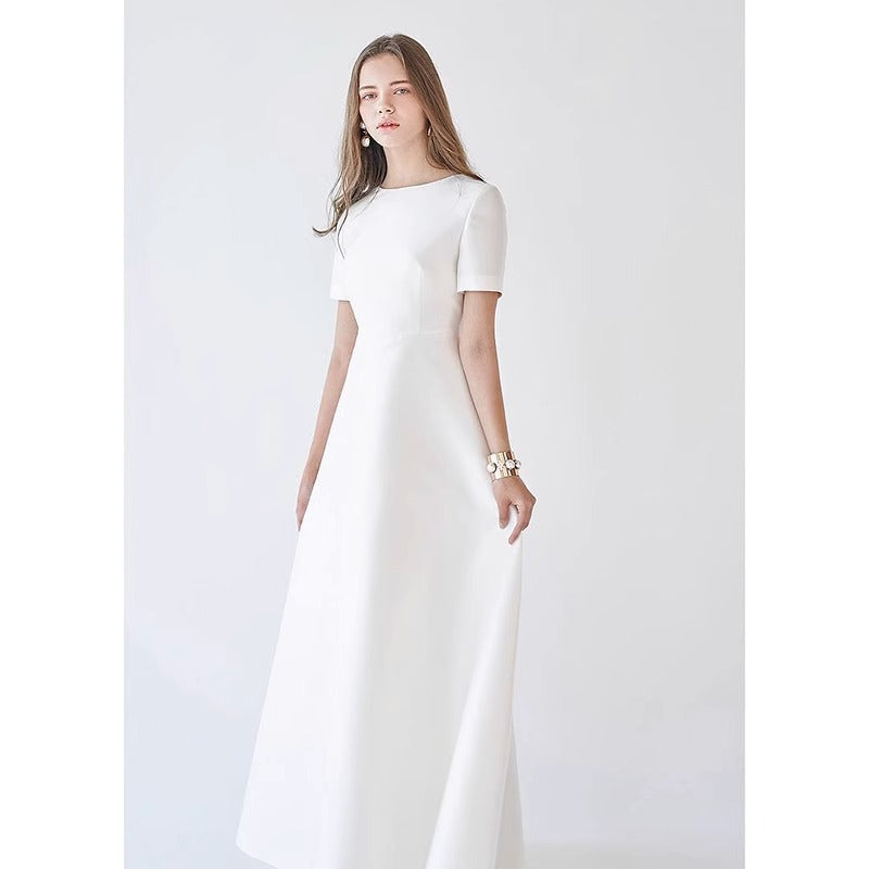 2025 satin minimalist light wedding dress short sleeve zipper crew neck daily certificate outdoor travel photography slim satin dress