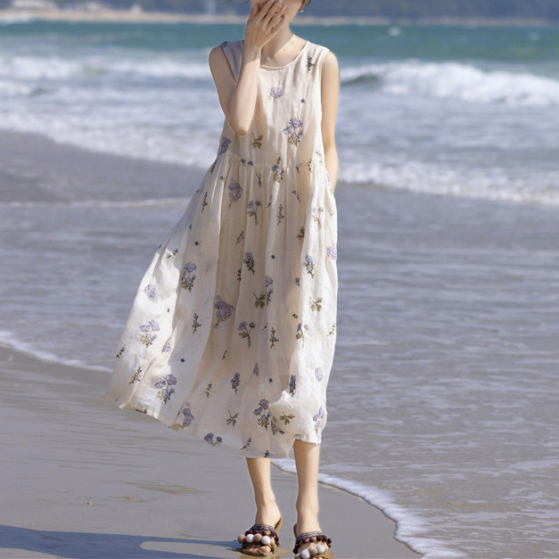 summer new full-length heavy industry embroidery waist thin white fairy robe dress vest skirt length