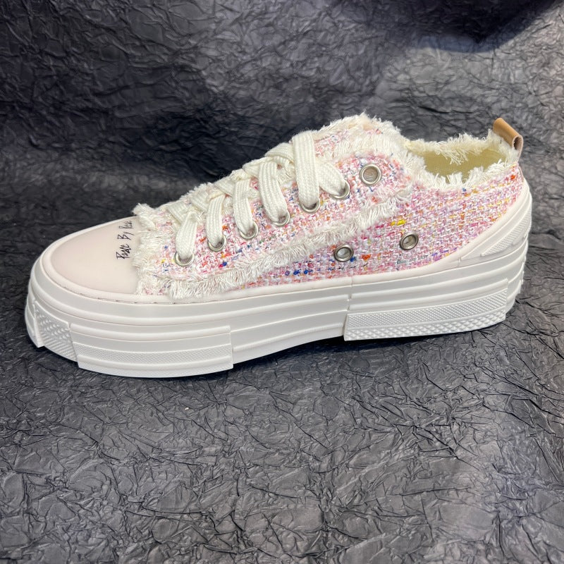 flowersverseSwan Heart Wu Jianhao Same Style Beggar Shoes Pink Feather Sequins Platform Canvas Shoes Fairy Casual White Shoes