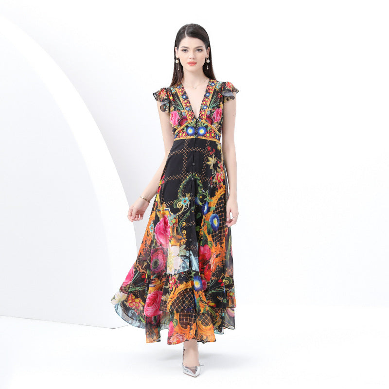 retro court style V-neck sleeveless fashion positioning printing waist thin single-breasted long dress spring