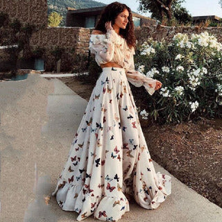 FLOWERSVERSE Cross-border new 2025 Internet celebrities ins butterfly print two-piece bohemian big skirt beach dress
