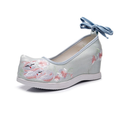 flowersverseHigh Heel the Han-Style Clothing Shoes Women's Ancient Style Height Increasing Insole Seven cm Embroidered Cotton Shoes Matching Retro Matching Student Dancing Shoes