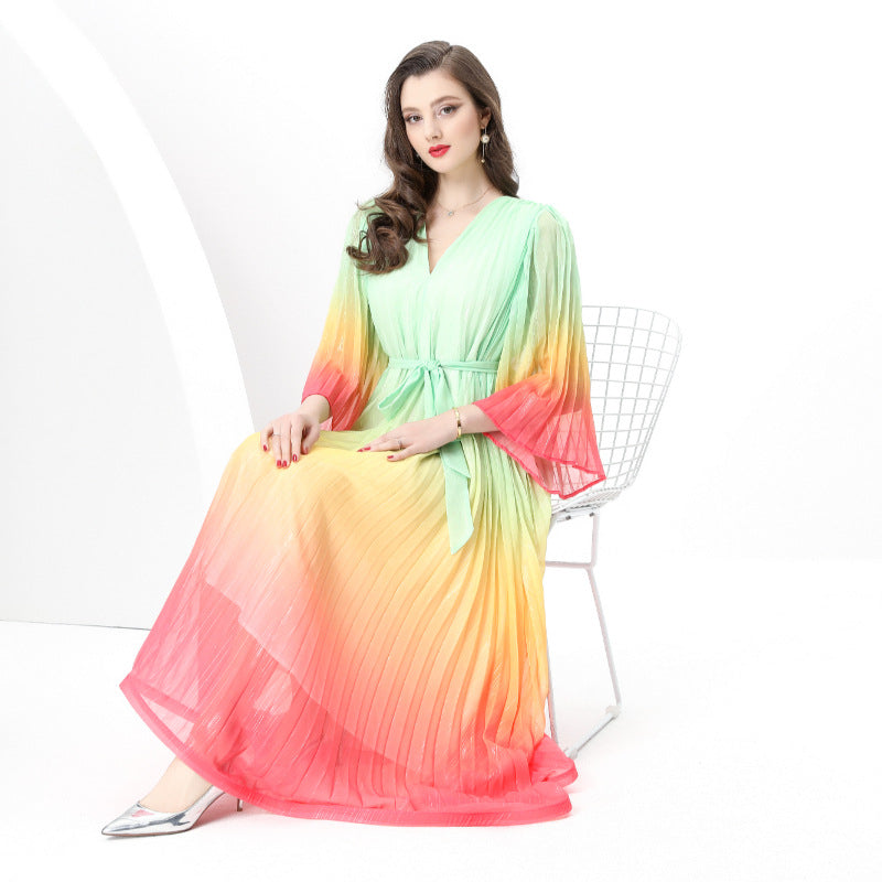 style gradual change color V-neck dress women's spring horn sleeve pleated strap design chic beautiful long skirt