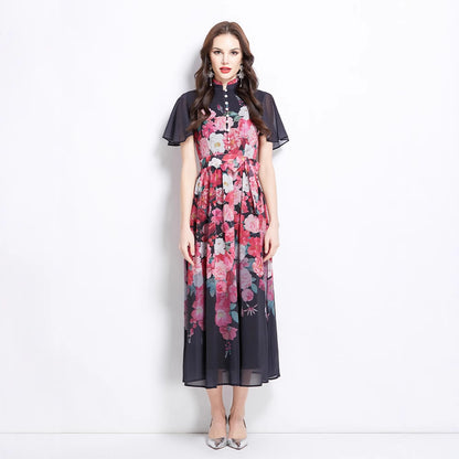 women's clothing holiday style dress women's  pearl breasted waist thin temperament printed chiffon dress