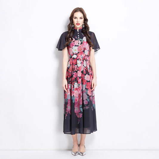 women's clothing holiday style dress women's  pearl breasted waist thin temperament printed chiffon dress