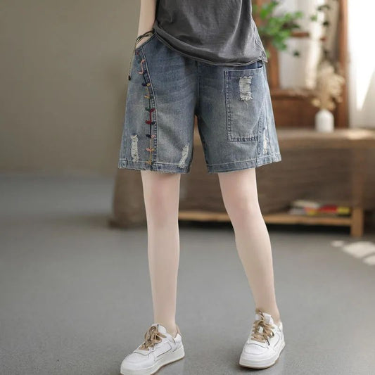flowersverse Denim Shorts Women's Summer  New Pants Women's Casual Loose Hole Embroidery Stitching Thin Wide-Leg Pants