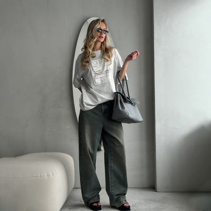 fashion street style cloth embroidered T-shirt for women's loose leisure and comfort versatile summer five-quarter sleeve round neck refined cotton