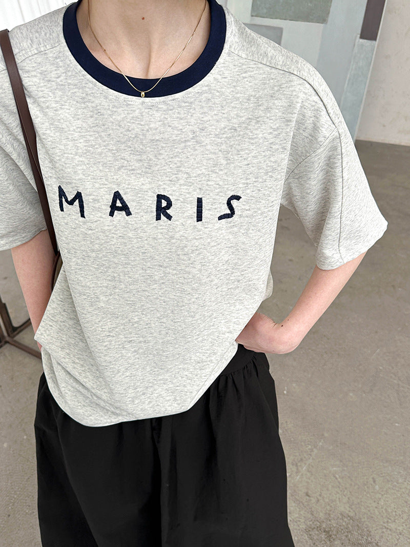 2025  Spring New Korean Version Front Shoulder Niche Design Contrasting Color Crew Neck Splicing Short Sleeve T-Shirt 80118